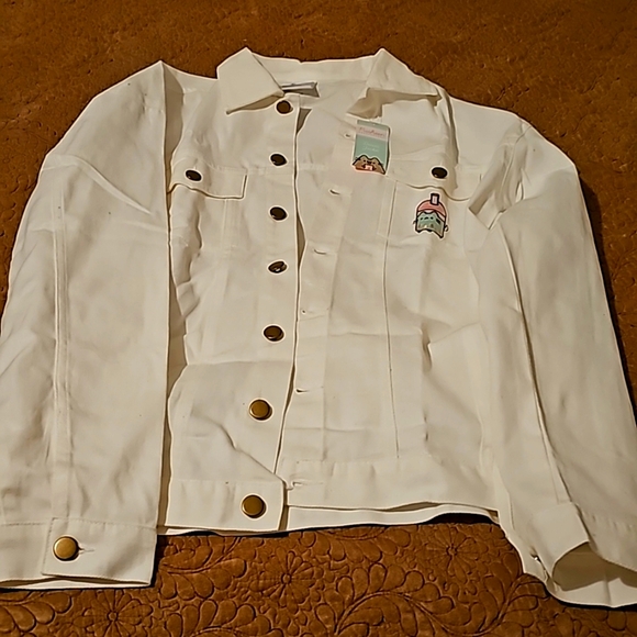 PUSHEEN CAT Boba Embroidered White Denim Jacket S/CH/P - Picture 1 of 2